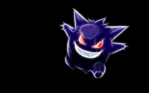 A high quality ghost pokemon with glowing red eyes and a mischievous grin floating in the dark