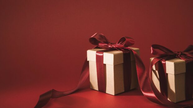 Two gift boxes with red ribbons on a red surface showcasing a festive gift design