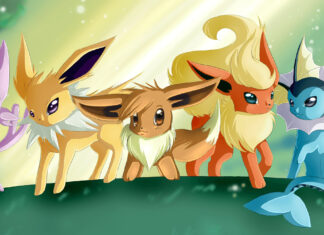 A group of Pokemon Eevee evolutions including Glaceon standing together on a grassy hill under a glowing sky