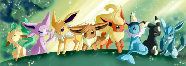 A group of Pokemon Eevee evolutions including Glaceon standing together on a grassy hill under a glowing sky