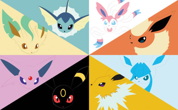 A minimalist illustration of Glaceon and other Eevee evolutions in vibrant colors