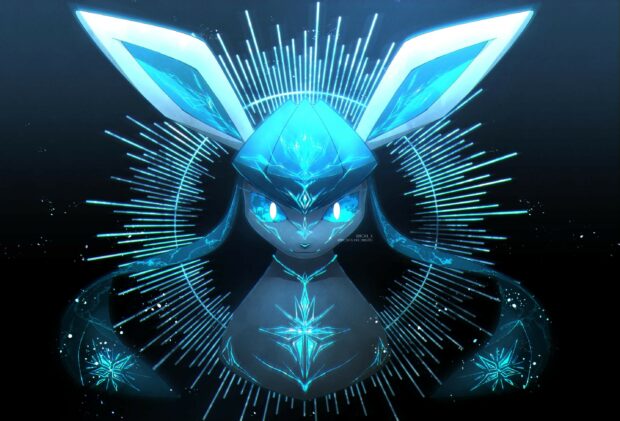 Glaceon character with glowing blue patterns and ice crystals in a dark background