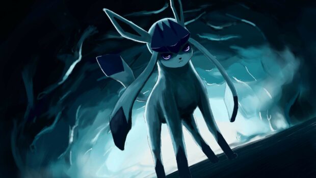 Glaceon standing on a dark surface with an ominous icy background