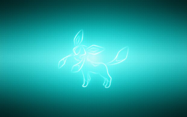 A glowing outline of glaceon on a teal gradient background with diagonal lines