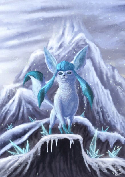 A fierce glaceon standing on an icy cliff surrounded by glowing crystals and snowy mountains