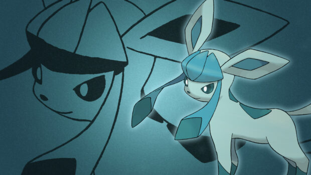 A detailed drawing of Glaceon with a large shadow silhouette in the background