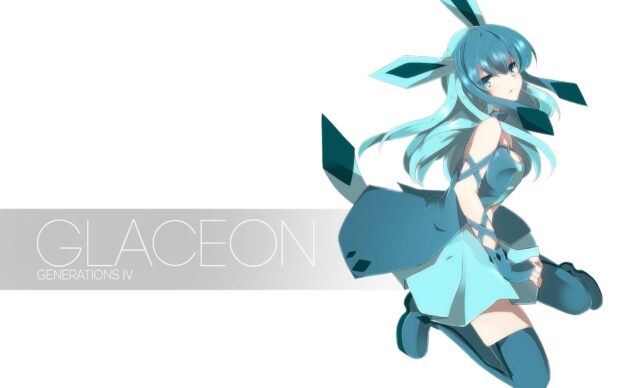 Anime girl inspired by Glaceon with blue hair and outfit in a dynamic pose
