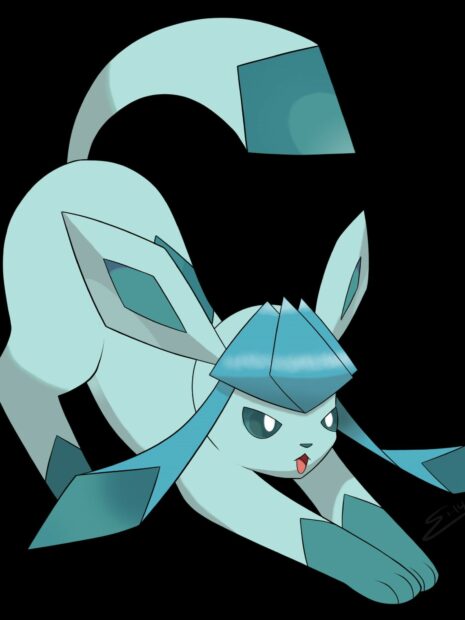 Glaceon in a dynamic pose showing its icy features and sharp eyes on black background