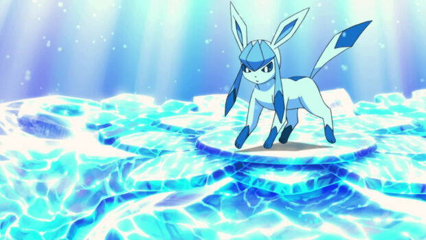 Glaceon standing on glowing ice shards with an intense expression in a bright blue environment