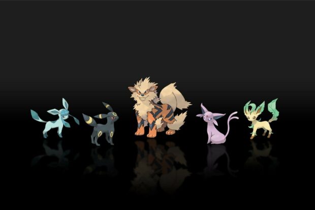 Glaceon standing with other Eevee evolutions on a reflective black surface