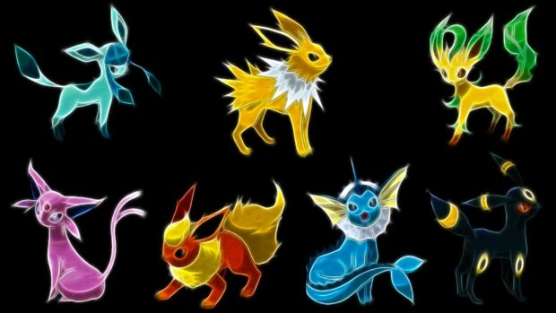 Glaceon with other Eevee evolutions glowing in neon style on black background