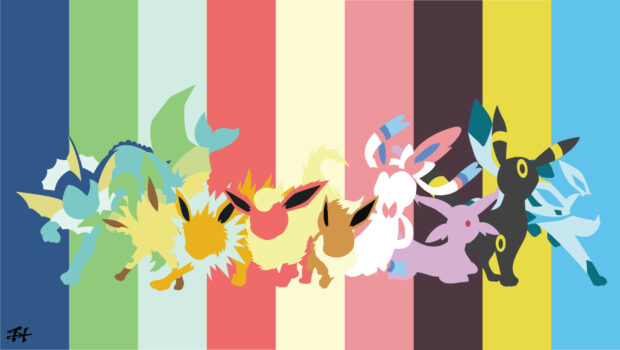 Minimalist colored stripes with stylized glaceon and its evolutions in cartoon style