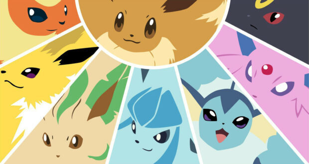 A digital artwork of glaceon with other eeveelution faces in a colorful collage