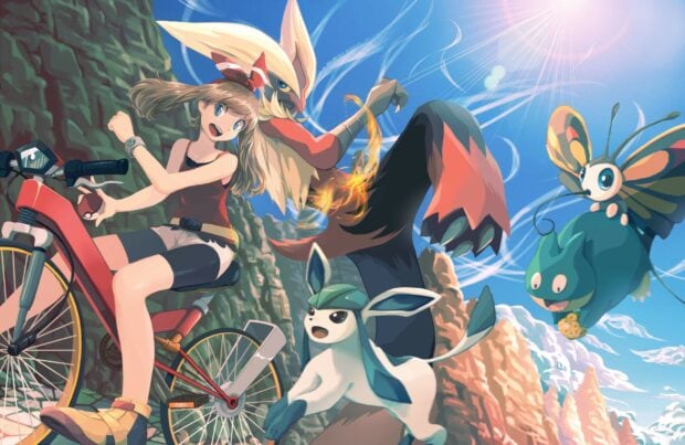 A dynamic scene featuring glaceon and trainers with pokemon in a bright outdoor setting