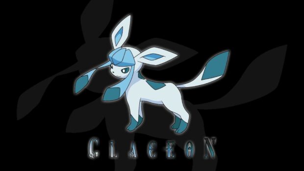 A Glaceon character stands confidently with icy blue accents on a dark background