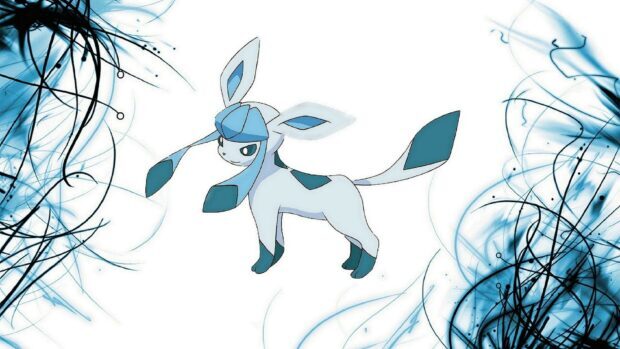 A Glaceon standing confidently with abstract blue and black swirls in the background