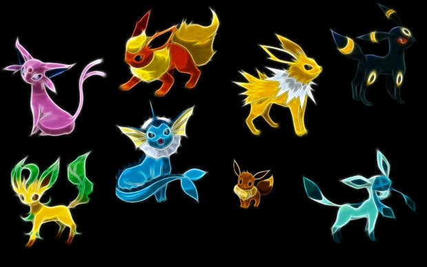 A glowing artistic illustration of glaceon and its evolutions in neon light style on black background