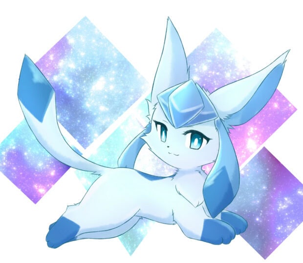A cute glaceon character with bright blue eyes and sparkling background shapes