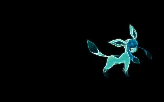 A glowing digital art of Glaceon with neon blue highlights on a black background