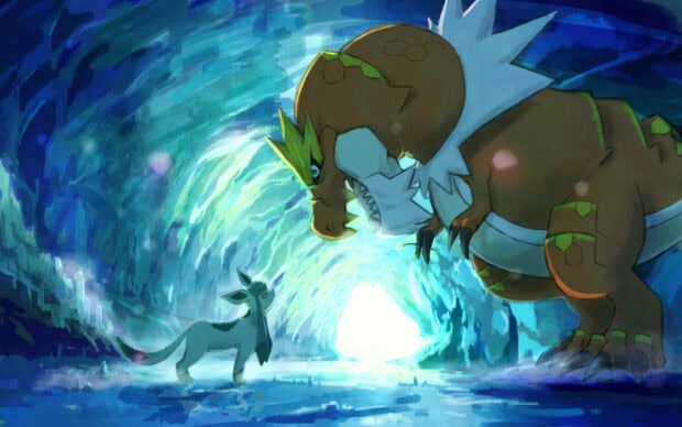 Glaceon facing a large dinosaur like creature inside a glowing blue cave environment