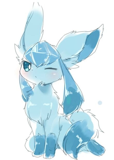 A cute glaceon character winking with fluffy blue fur and big ears on a white background