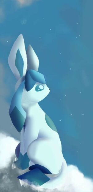 A serene glaceon sitting on a cloud against a clear blue sky