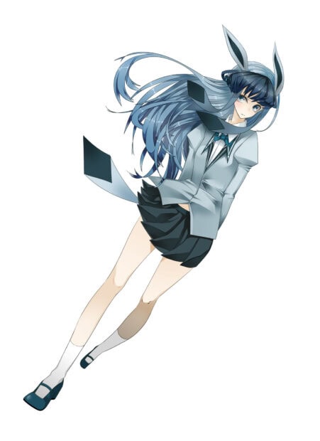 A stylish anime girl with long blue hair and bunny ears inspired by Glaceon character