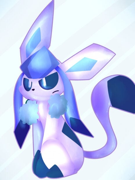 A cute glaceon character sitting with a confident expression in a digital art style