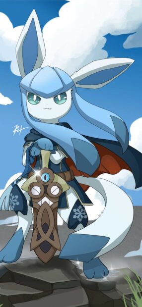 Glaceon dressed as a warrior holding a detailed sword standing confidently on rocks