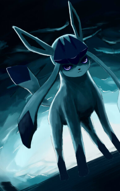 A fierce glaceon standing with glowing purple eyes under a dark ominous sky