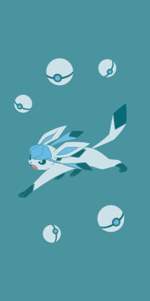 Glaceon running quickly with multiple icy spheres floating around on a blue background