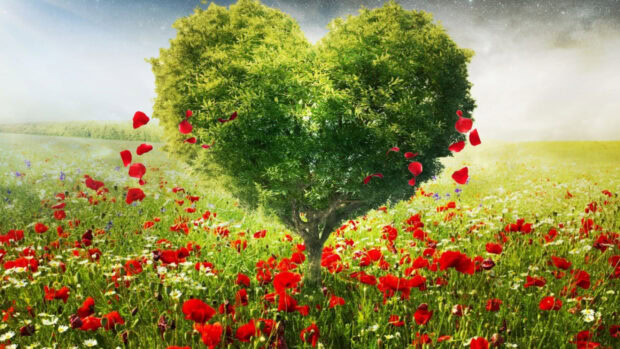 A heart shaped tree standing tall in a vibrant green field with red flowers scattered around