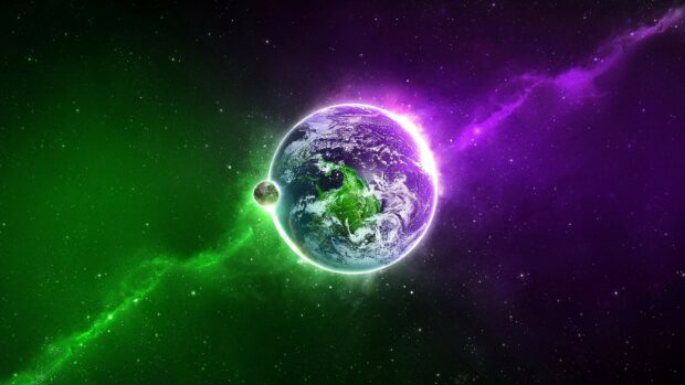 The green earth surrounded by cosmic space with vibrant green and purple nebula