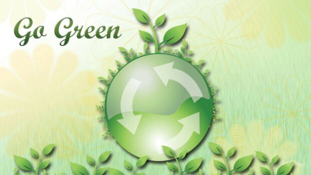 A green earth symbol with recycling arrows surrounded by growing leaves and plants