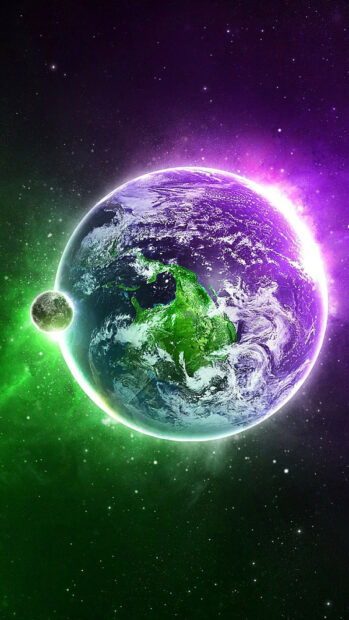 A vibrant green earth glowing in space surrounded by stars and a small moon