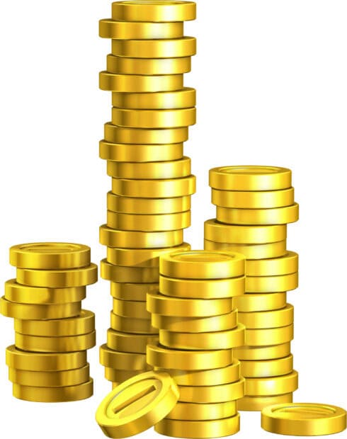 Stacks of gold coins neatly piled up in various heights on a white background