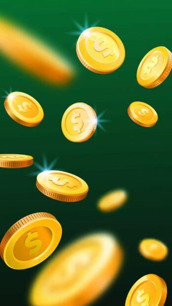 Shiny gold coins with dollar signs floating against a green background