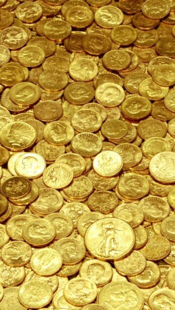 A collection of gold coins displaying various designs and details in high definition quality