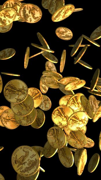 Falling gold coins shining brightly in high detail over a black background