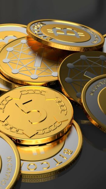 Shiny gold coins with crypto symbols stacked on a black surface in high definition