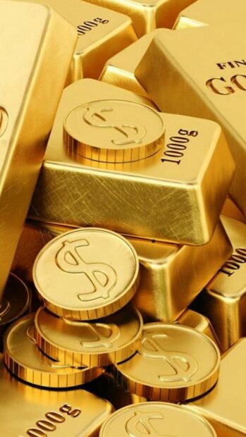Shiny gold coins stacked on gold bars with a 1000g mark showing gold coins