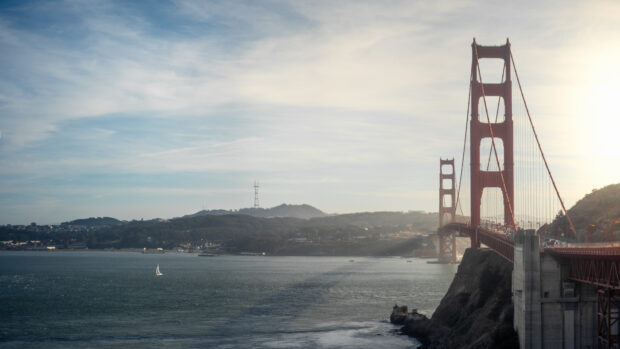 Golden Gate Bridge landscape with ocean and hills in clear weather