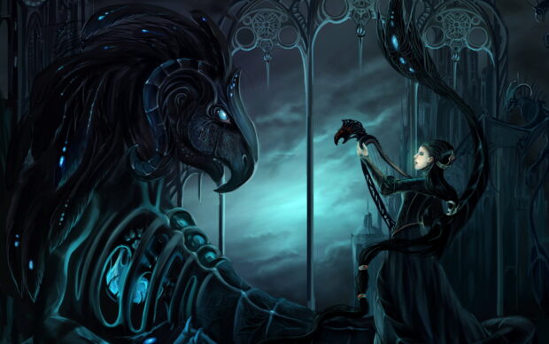 A gothic art scene with a woman playing a harp next to a large mythical creature in a dark cathedral