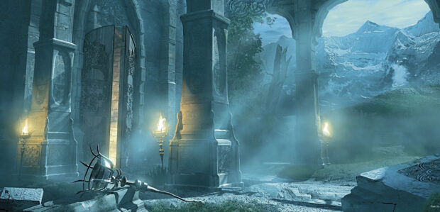 A mysterious Gothic architecture with stone pillars and ornate doors in a foggy mountain setting