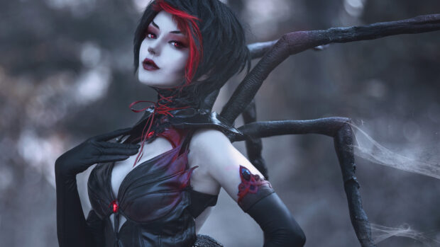 Gothic style fantasy character with spider legs and red highlights in dark leather outfit