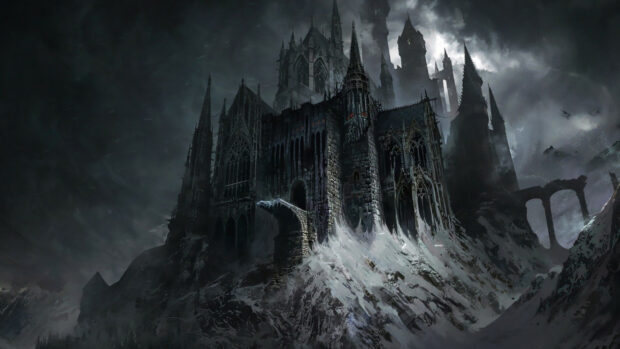 Dark gothic cathedral architecture in a snowy mountain landscape