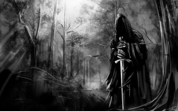 Dark hooded figure holding a sword in a misty gothic forest landscape