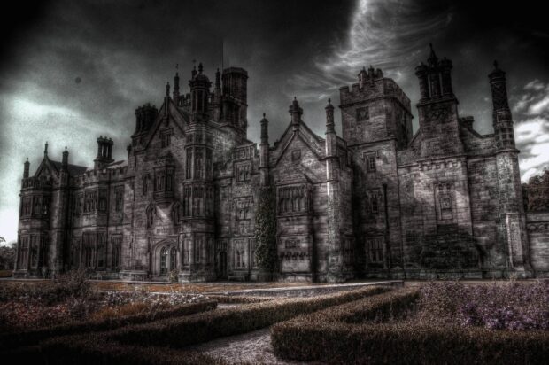 Gothic art castle with intricate stone architecture under a cloudy sky