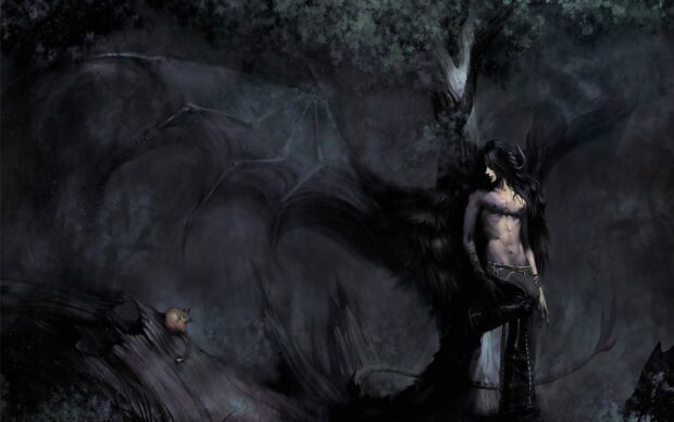 Gothic art depicting a dark winged figure with long hair leaning against a tree in a mystical forest