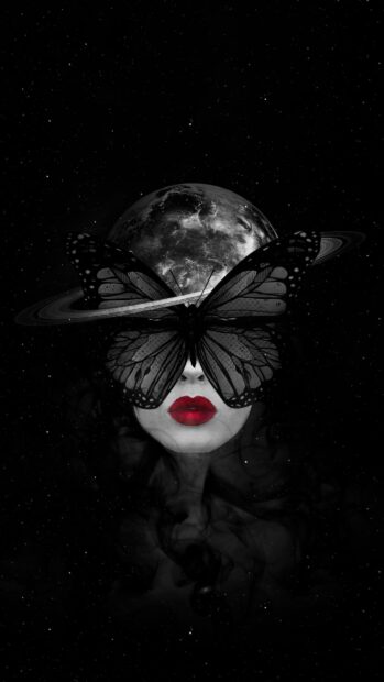 Gothic art face with butterfly wings and red lips against a cosmic background